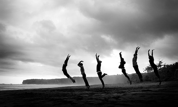grayscale, photo, six, jumping, people, art, women