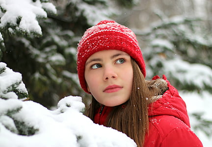 snow, girl, winter, red, cap, cold, street