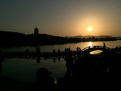 west lake, sunset, bridges, silhouette, reflection, sun, outdoors