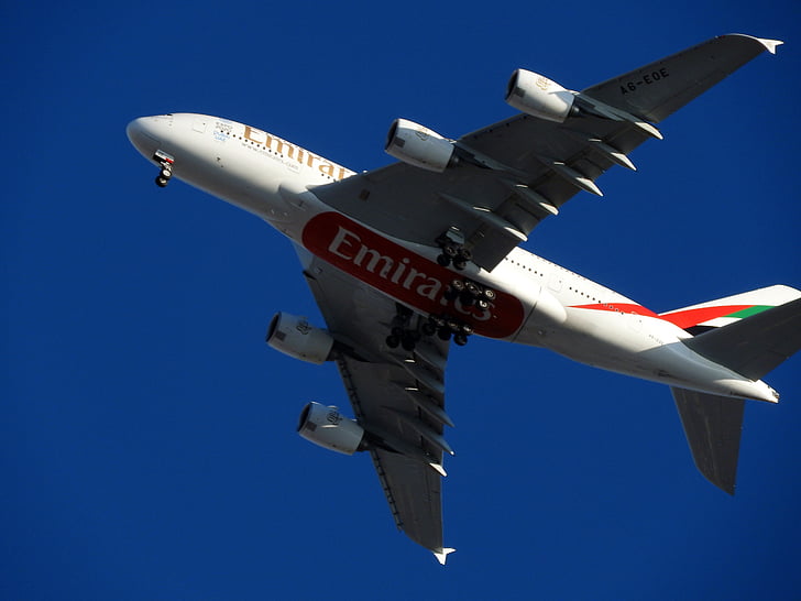 vliegtuig, A380, Dubai, reis, vlucht, reizen