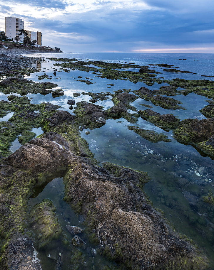 Shore, Beach, Dawn, Lighthouse mijas, Mijas, Malaga, Spanien