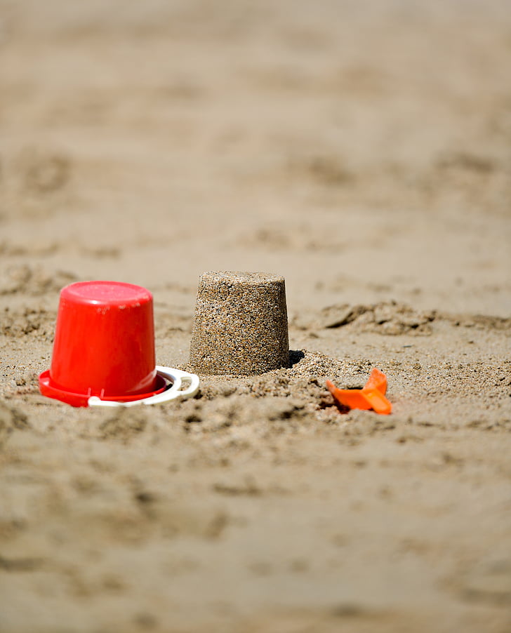 smėlio, kibiras, paplūdimys, žaisti, žaislas, smėlio pilis, kastuvas