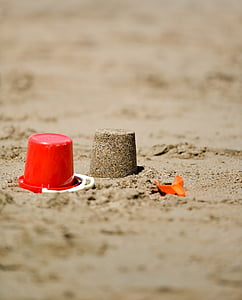 zand, emmer, strand, spelen, speelgoed, zandkasteel, schop