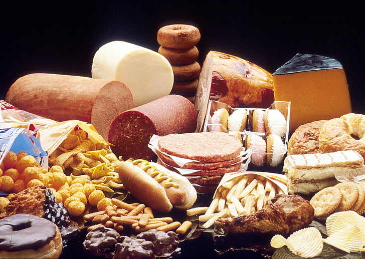 fat foods, pastries, cheeses, chocolate, delicatessen, cold meat, french fries