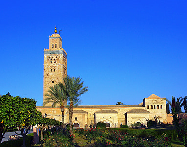 morocco, marrakech, koutoubia, minaret, mosque, garden, light