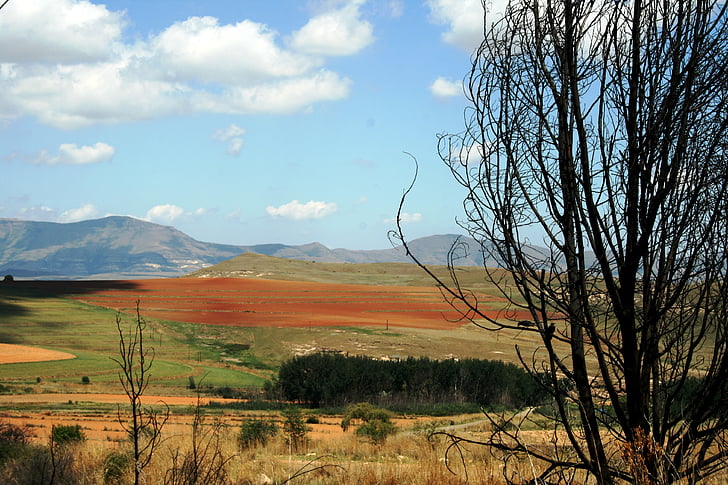 landscape, veld, mountains, clouds, sky, far blue mountains