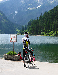 bike, cyclists, road bike, stop, allgäu, lake, tannheim