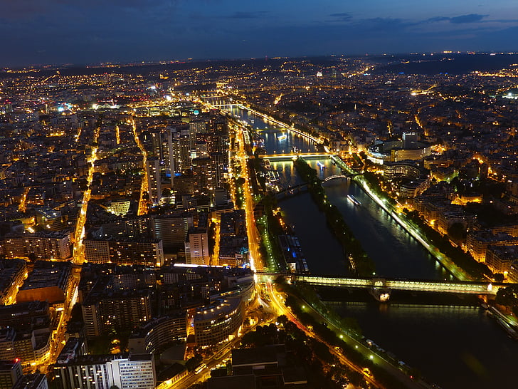 Paris, Francija, tās, naktī, romantisks, tilts, gaisma