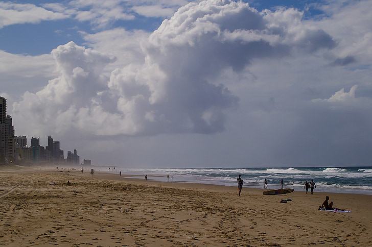 gold coast, beach, sea, ocean, sand, sky, clouds