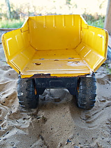 truck, yellow, toy, dump truck, sand, wheels, tray