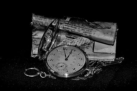 pocket watch, clock, clock face, newspaper, daily newspaper, rolled, old