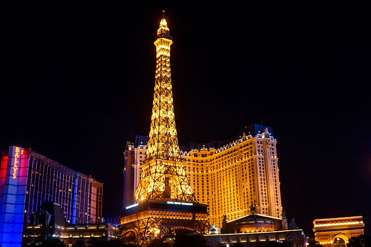 Лас Вегас, хотел Paris, Тур Айфел фалшив, туристическа атракция, извън, град, светлини