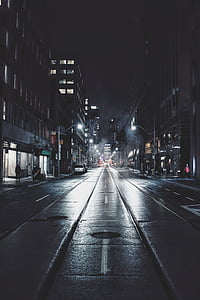 empty, straight, road, surrounded, buildings, street, lights