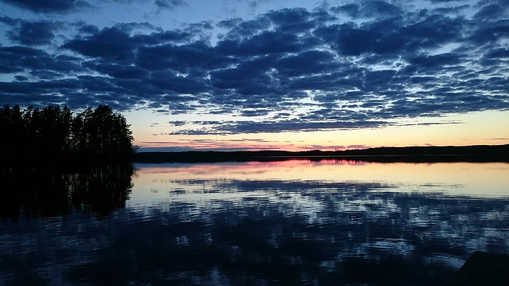 Финляндия, Закат, озеро, Природа, отражение, воды, небо