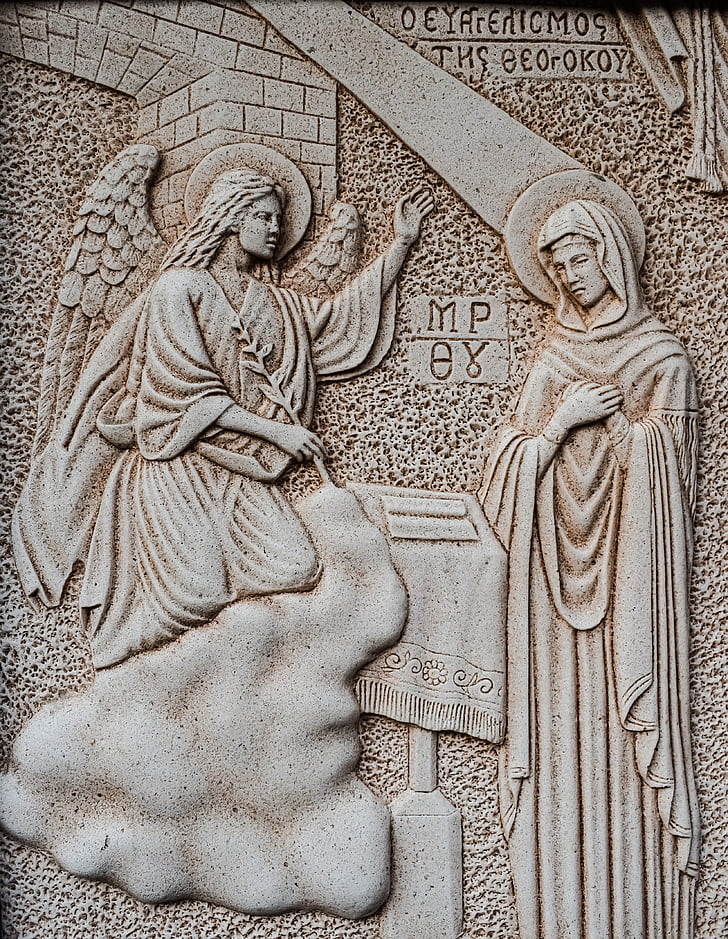 engraving, annunciation, virgin mary, angel, wall, church, stone
