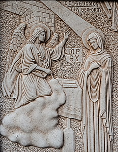 graviranje, Marijino oznanjenje, Device Marije, Angel, steno, cerkev, kamen