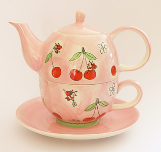 teáskanna, téli, kupa, tea, rózsaszín, cseresznye, étkészlet