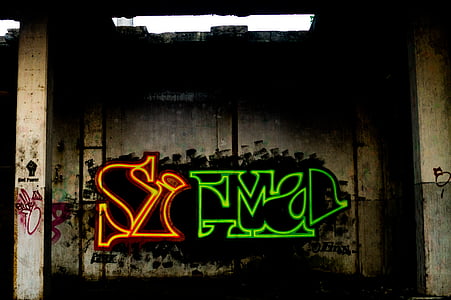 grafiti, seni, neon, dinding, cat semprot, malam, teks