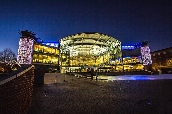 bygge, moderne arkitektur, biblioteket, på kvelden, Norwich, England, natt