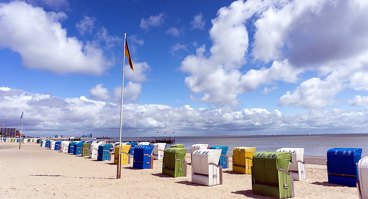 north sea, island föhr, beach chair, ebb, recovery, sky, leisure