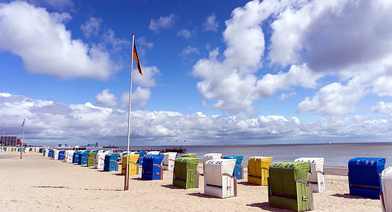 Mar do Norte, Ilha föhr, cadeira de praia, vazante, recuperação de, céu, lazer