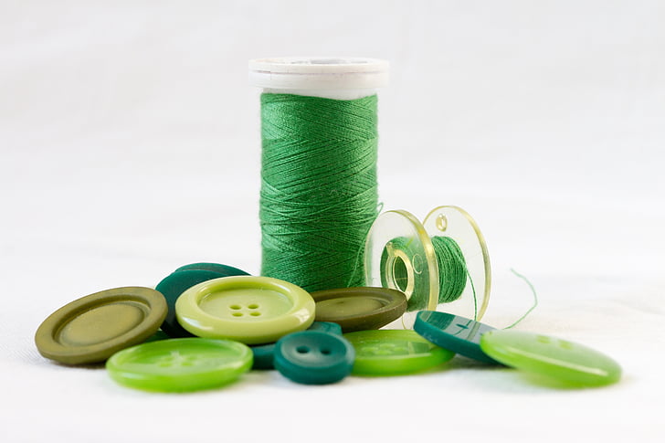 thread, green, orb, buttons, sewing, material, textile