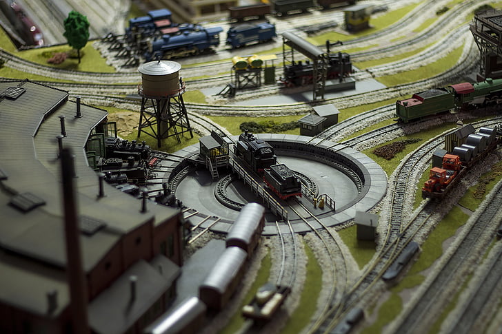 jouets, modèle, transport, train, station, trafic