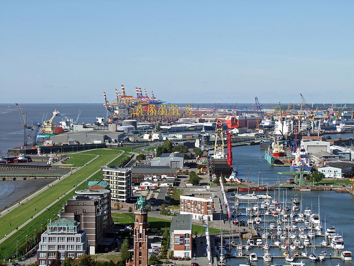 bremerhaven, view, new port, container terminal, ships, tourism, on the river weser