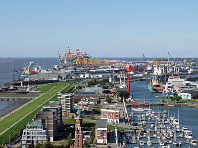 Bremerhaven, pemandangan, pelabuhan baru, terminal peti kemas, kapal, Pariwisata, pada Sungai weser