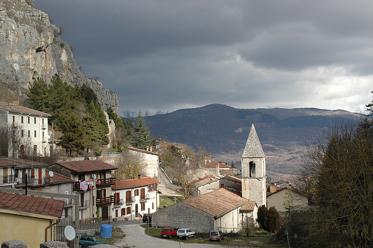 Abruzzo, Borgo, peisaj, cer, gri, Biserica, munte