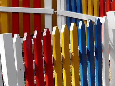 garden fence, paling, colorful, color, wood, red, yellow