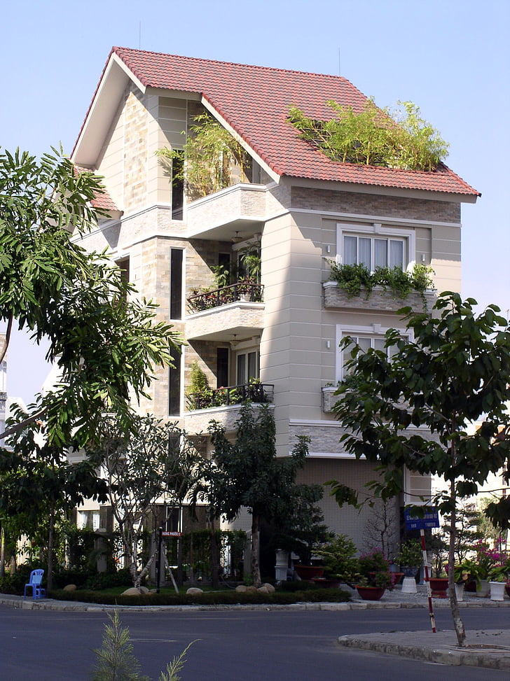 house, green, plant, apartment, tri-level, design, architecture