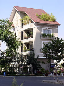 Casa, verde, planta, Apartamento, tri-nivel, diseño, arquitectura