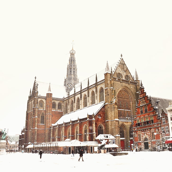 photo, brown, beige, church, covered, snow, architecture