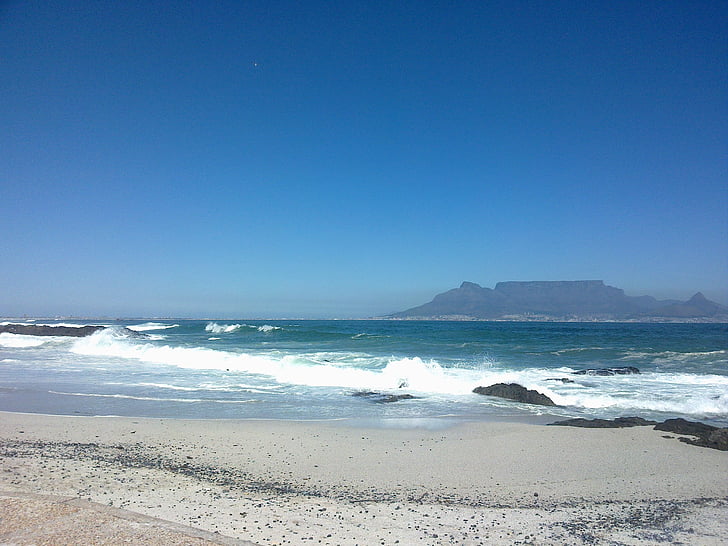 Голубое небо, пляж, Кейптаун, Столовая гора, мне?, волна, пейзаж