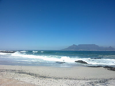 blå himmel, stranden, Cape town, Taffelberget, sjøen, bølge, scenics