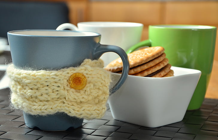 cup, coffee cup, ceramic, porcelain, breakfast, cookies, knit