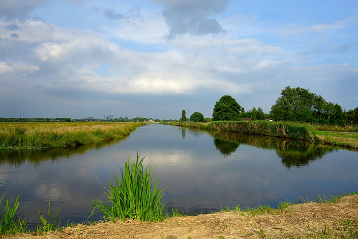 paesaggio, paesaggio olandese, rurale, polder, prati, via navigabile, cielo