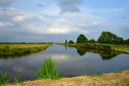 krajobraz, holenderski pejzaż, obszarów wiejskich, polder, łąki, droga wodna, niebo