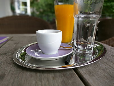 コーヒー, オレンジ, 午前中に, ガーデン, テーブル, カップ, ドリンク