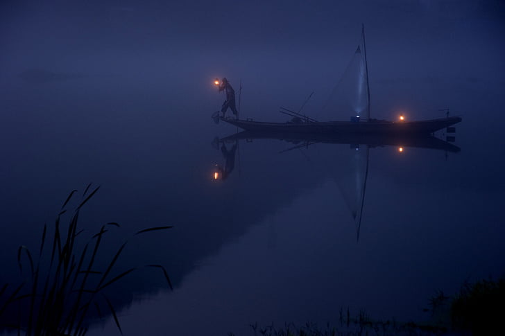 silhouet, boot, lichaam, water, nabij, duisternis, nacht