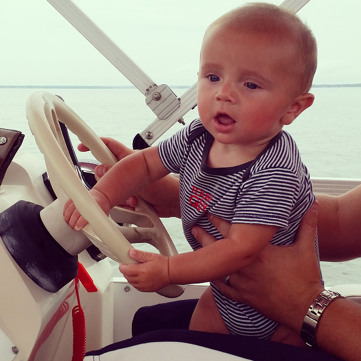 bebê, menino, de condução, barco, oceano, Golfo do México