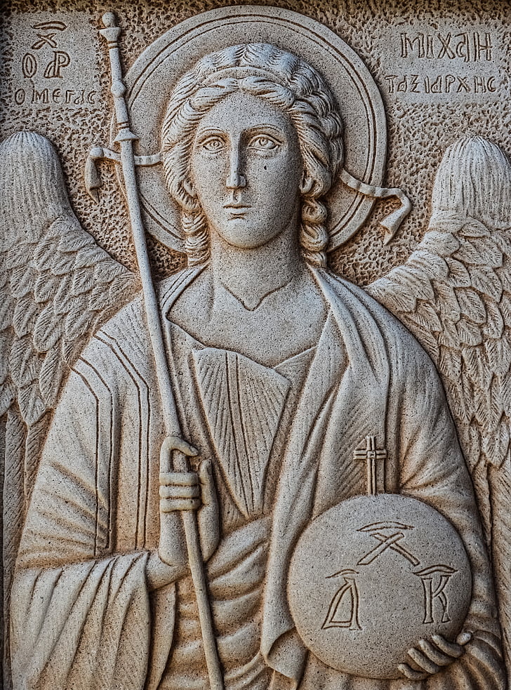 engraving, archangel michael, wall, church, stone, religion, architecture