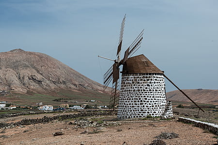 vējdzirnavas, Fuerteventura, kalni, ainava, salas