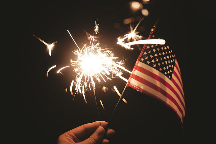 4 juli, amerikanska flaggan, fyrverkeri, flagga, dom, självständighetsdagen, tomtebloss