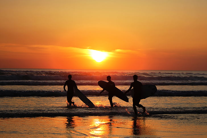 silhouette, person, holding, surfboard, running, ocean, sunset