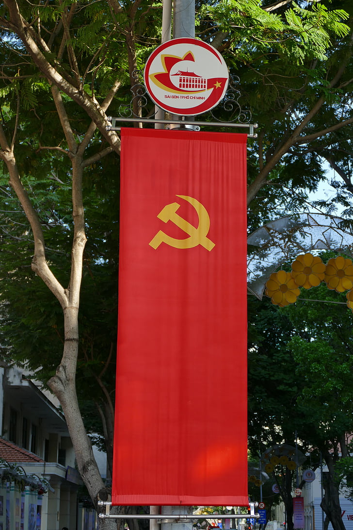 Vietname, Saigon, Bandeira, martelo, foice, comunismo, vermelho