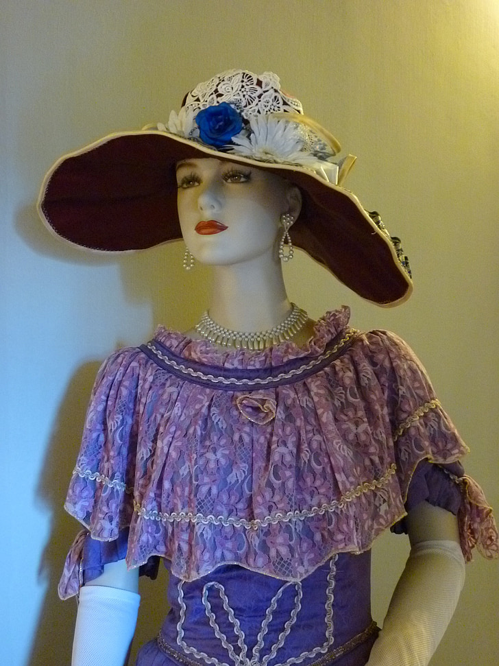 ženska, lutka, klobuk kostum, sodobne, dama, vijolična, čipke