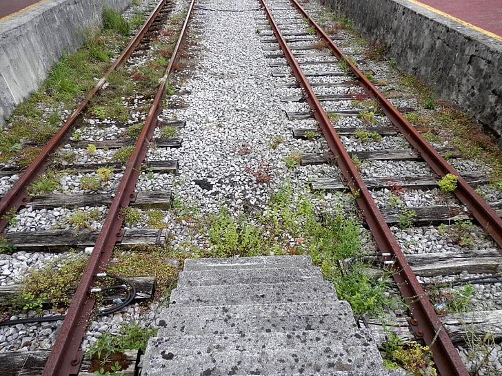 rails, train, abandon, voie ferrée, transport, en acier, station