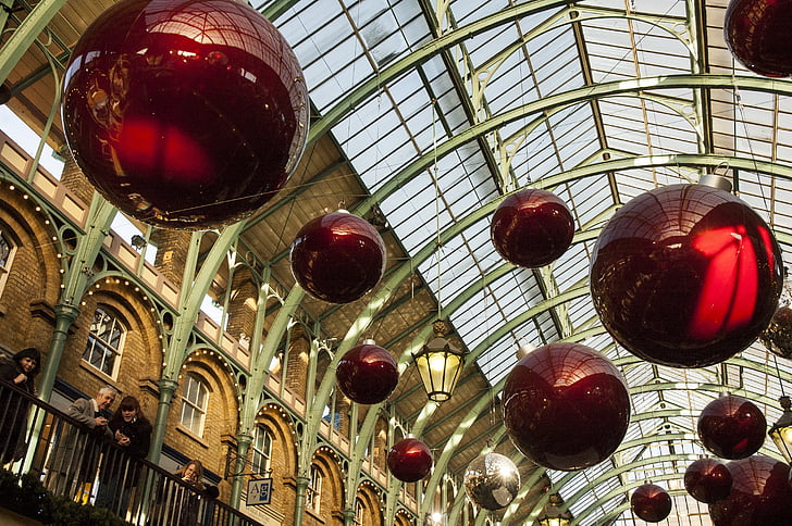 christmas decorations, london, shop decorations, christmas balls, market hall, christmas